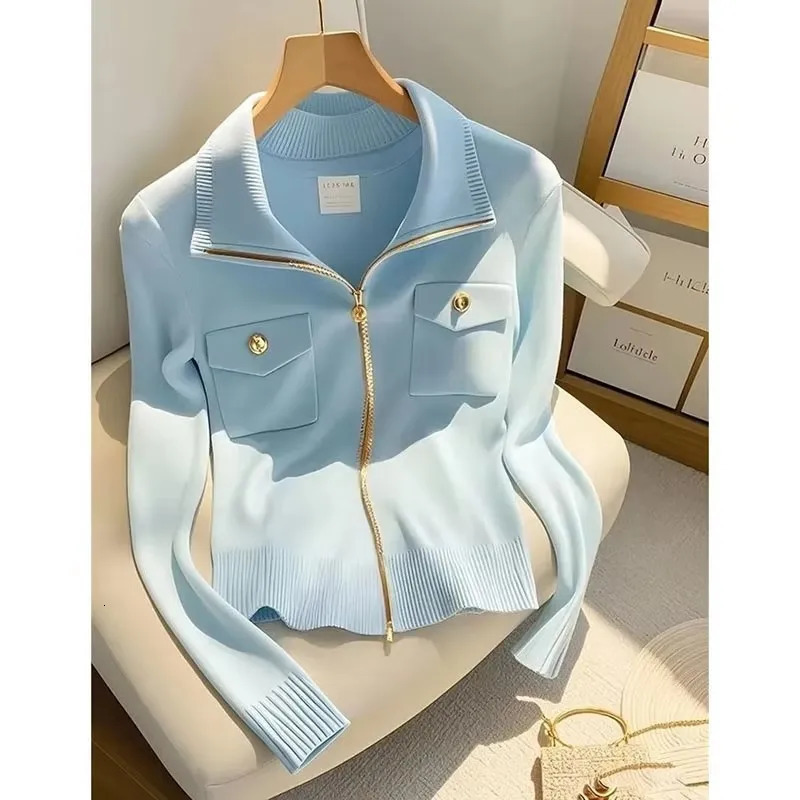 2025 Spring Autumn Polo Collar Zipper Womens Knitting Cardigan Sweater Jacket Personality Elegant Casual Ladies Sweater Coat 250116