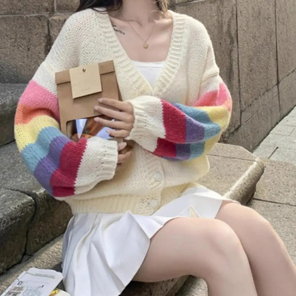 Fashion Rainbow Sweet Cardigan Sweater Autumn Thin Casual Korean Knitted Coat VNeck Loose Long Sleeve Tops Outwear 250109Z