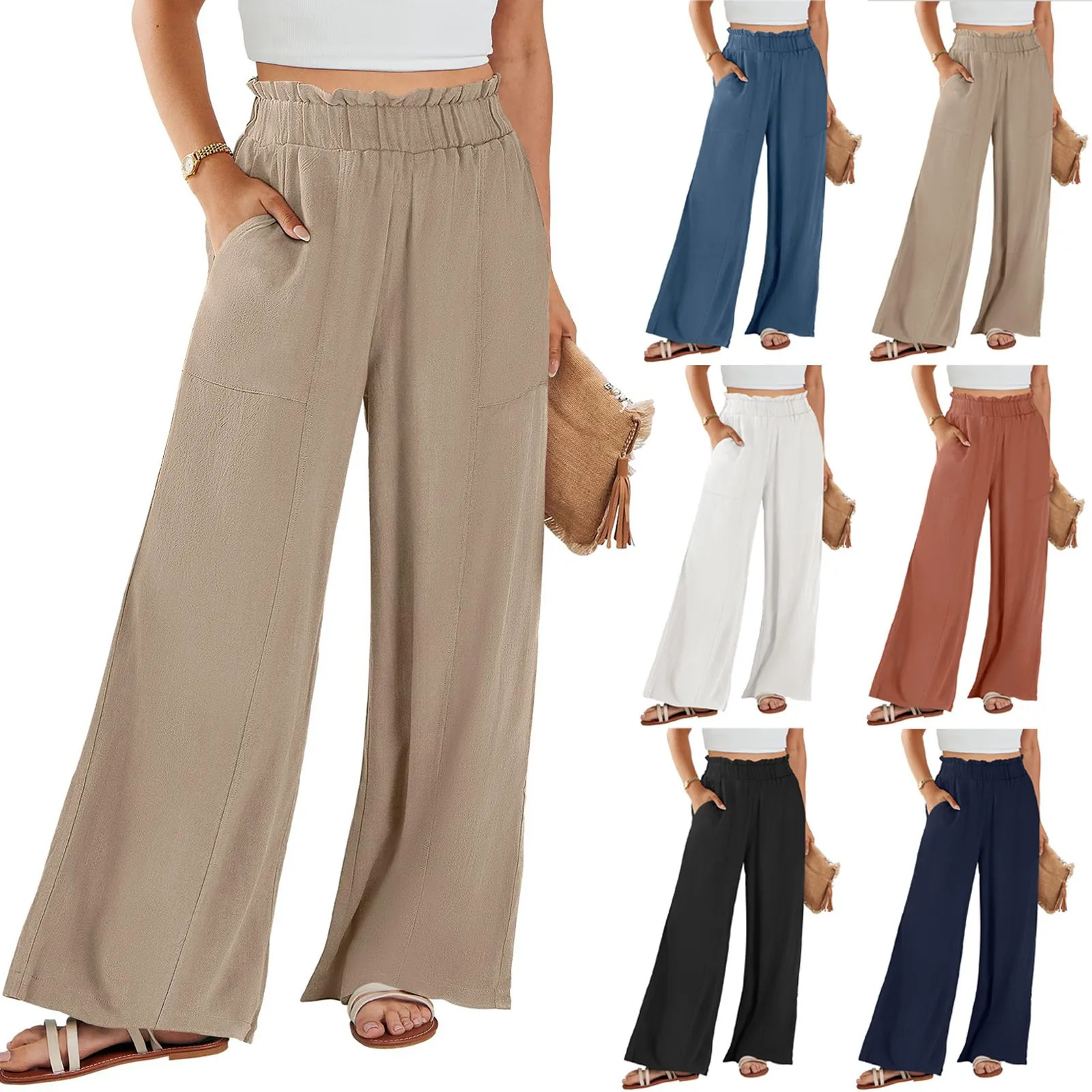 Cotton Linen Summer Wide Leg Casual Loose Drawstring High Waist Palazzo Trousers With Pockets Womens Pants Z260314