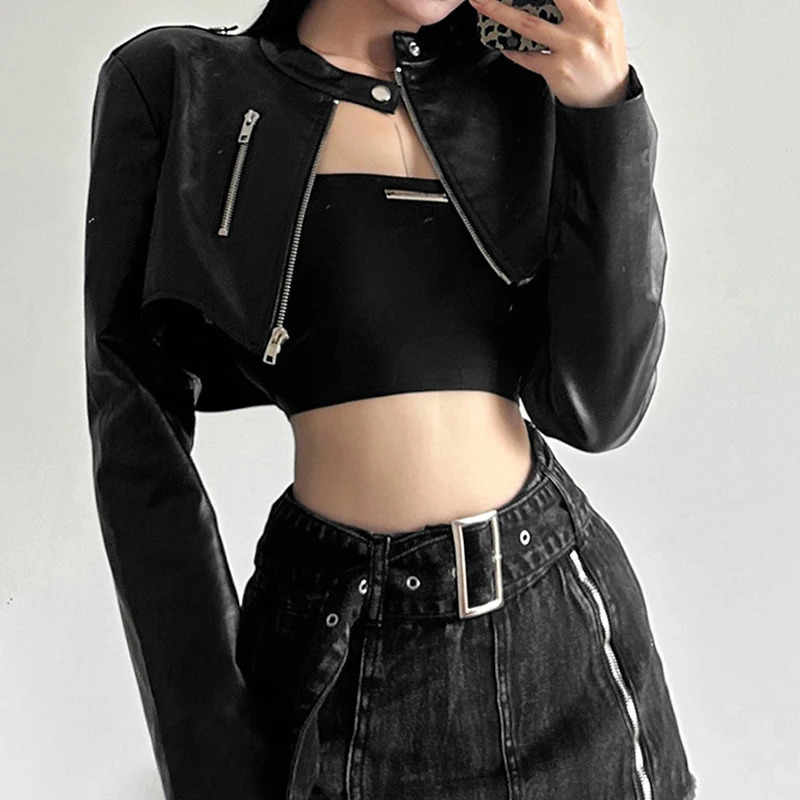Goth Dark Zipper Cyber Gothic Y2k Crop Jackets Grunge Punk Style Faux Leather Coats Female Fashion Streetwear Irregular Hem Coat 250118