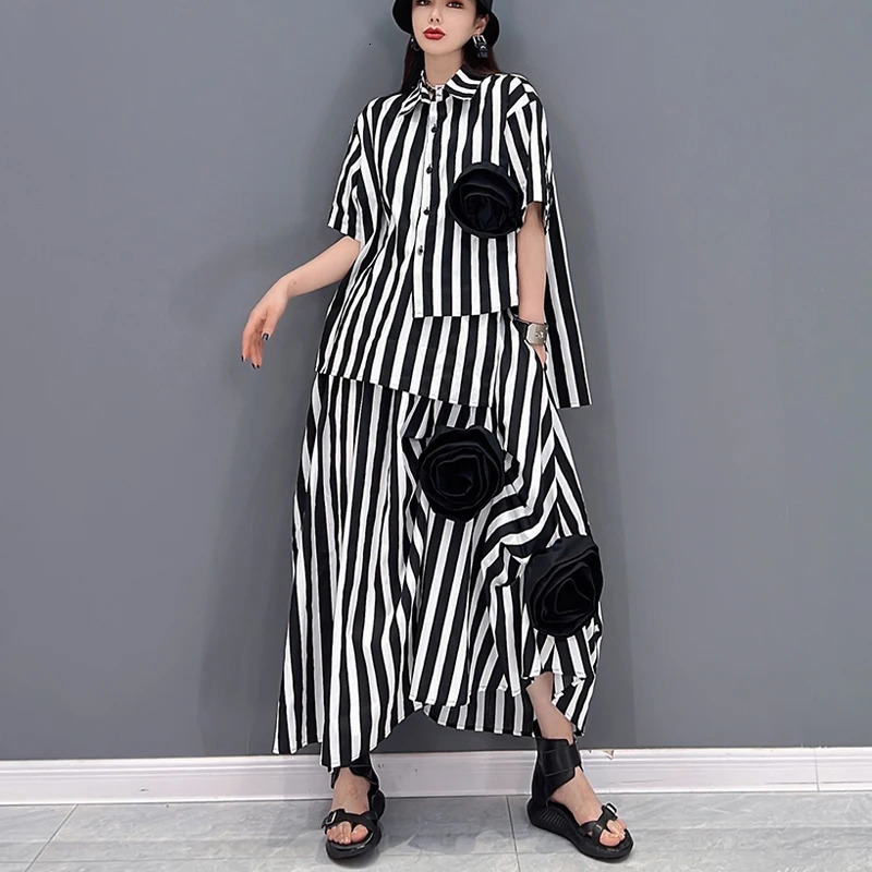 Korean Style Tie Flowers Decorated Loose Fit Two Pieces Set Woman Summer Oversized Striped Blouse Shirt And Skirt Outfit JJSE016 250122