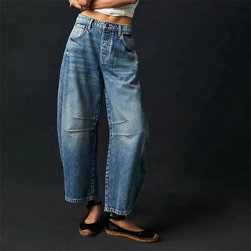 High Stretch MidRise Jeans Fashion Wide Leg Shape Women Casual Baggy Mid Waist Denim 250108