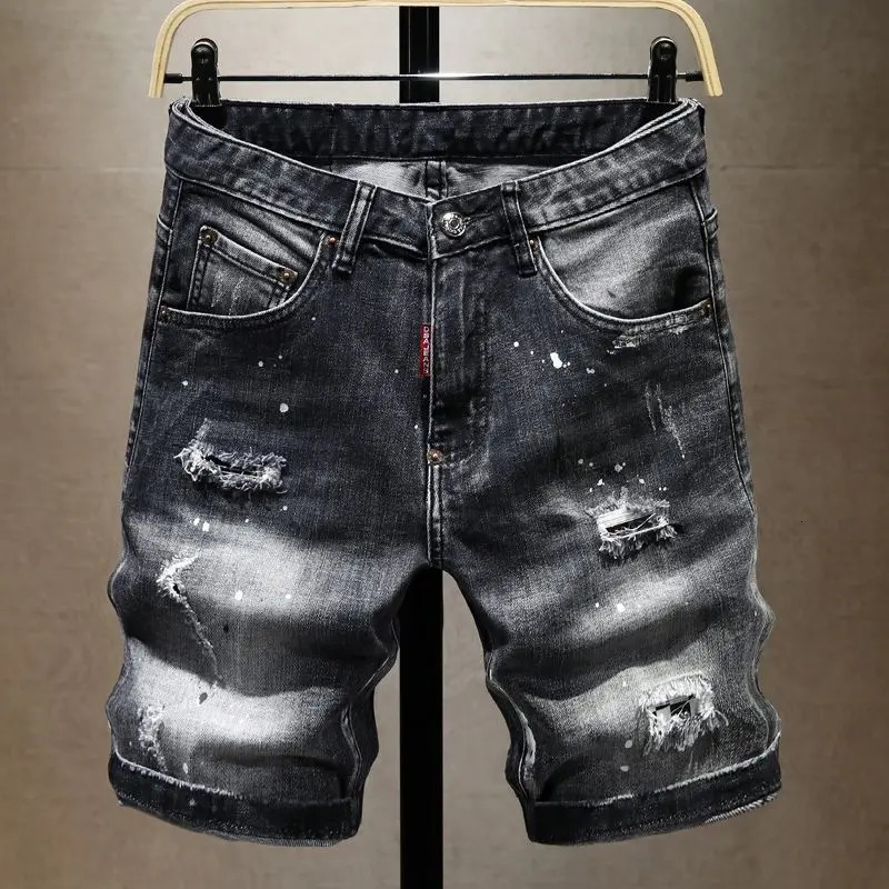 Casual Summer Jeans Knee-length Distressed Denim Shorts Spray Paint and Stickers Boyfriend Mens Clothing Short Pants 250109