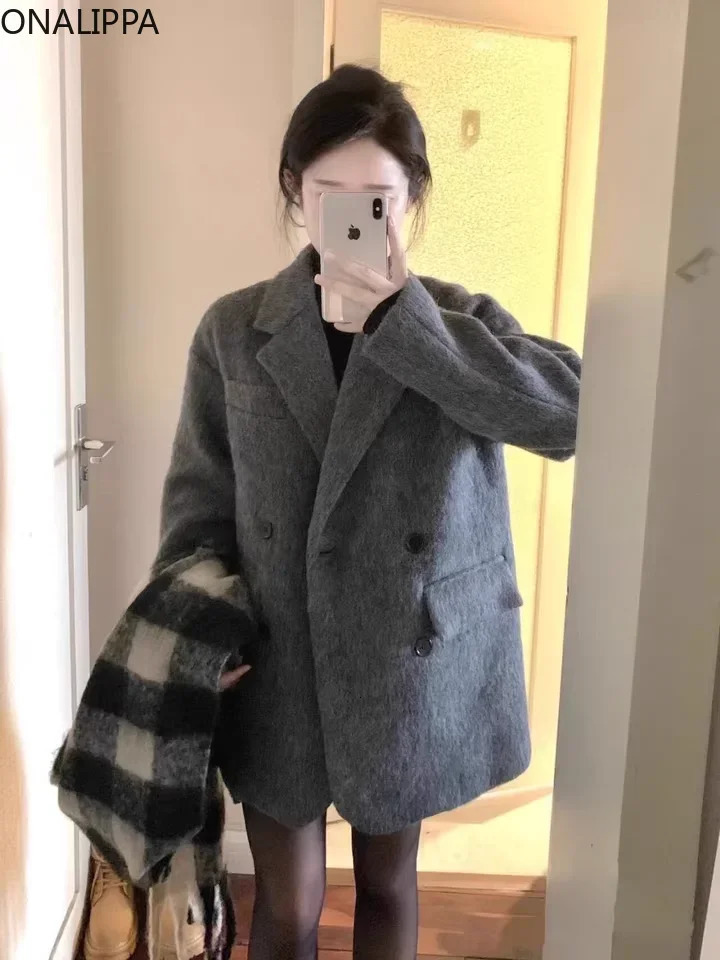 Onalippa Notched Collar Wool Coat Women Solid Double Breasted Jackets Korean Loose Midlength Winter Warm 250113