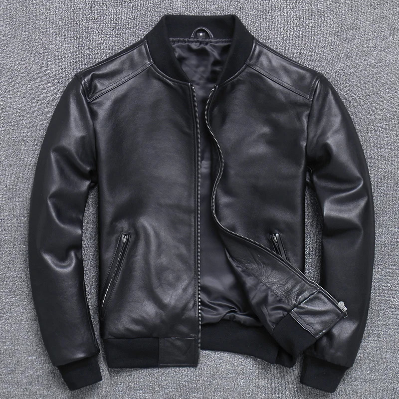 Black Aviation Genuine Leather Bomber Jacket Men Pilot Sheepskin Real coat short Slim business jacket leather 241227