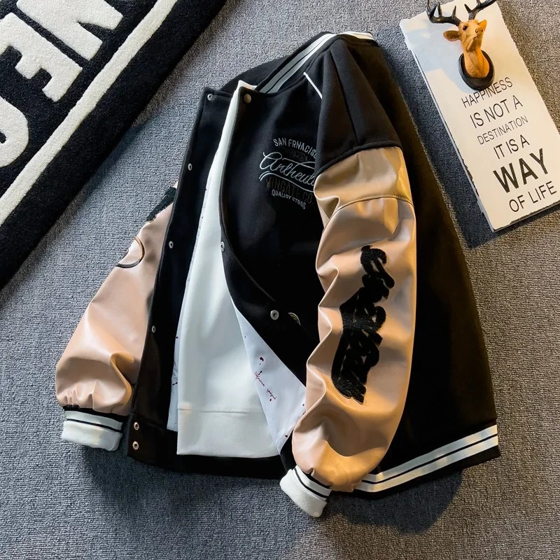 American Style Vintage Heavy y Baseball Jacket For Men Trendy Pu Leather Patchwork Spring Autumn Fashion Top 241227