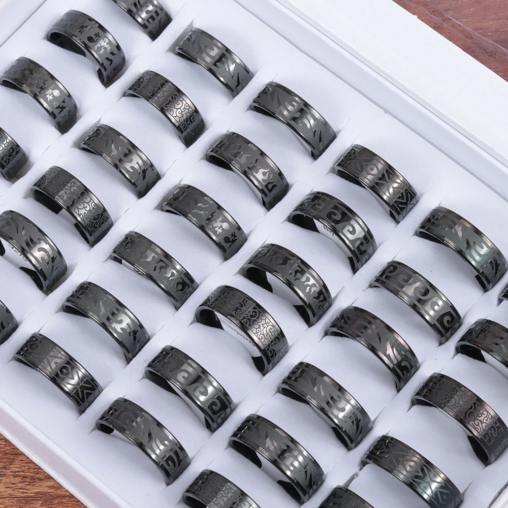 Bulk 24 Pcs/Lot Top Quality 8mm Engraving Stainless Steel Rings Men Party Gifts Waterproof Jewelry Size 17-21 250117