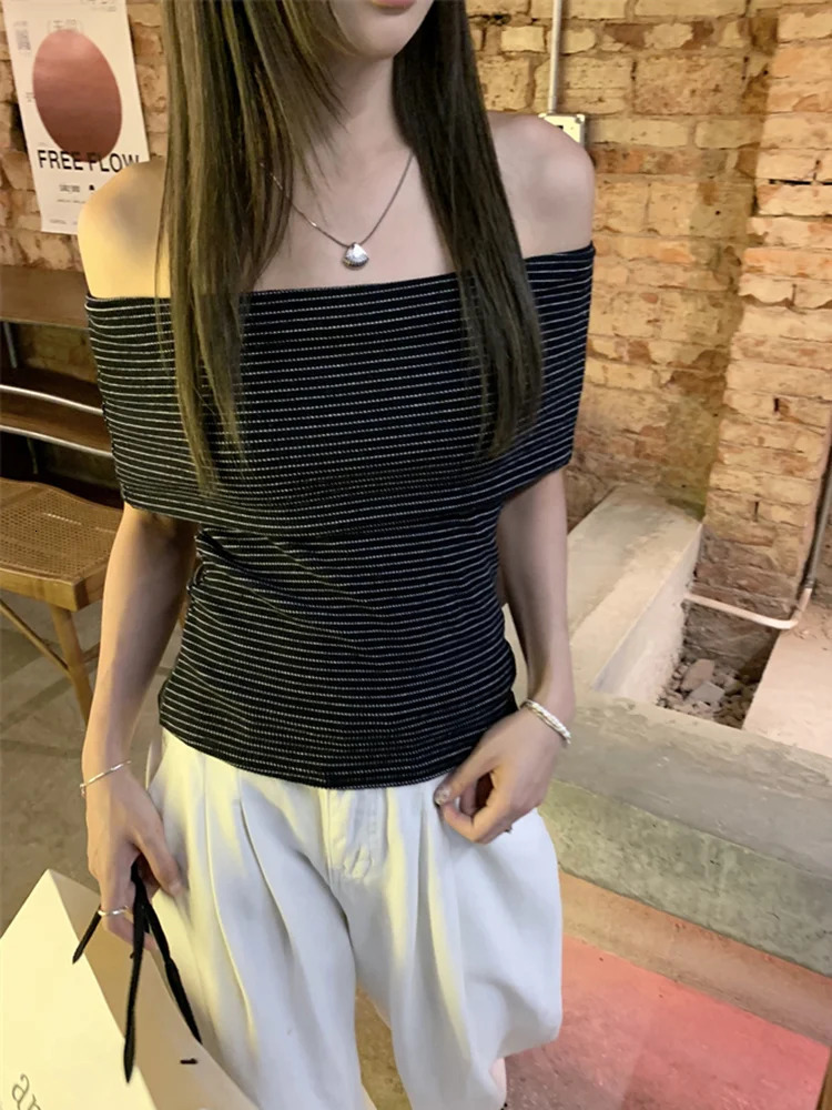 Chic Women Sexy Off Shoulder T-shirt Summer Knitting Stripe Slim Crop Top Y2K Vintage Harajuku White Tee Elegant Female Clothes 250110