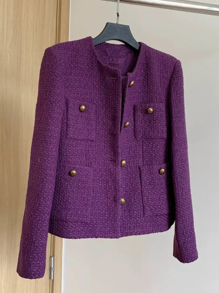 Vintage Tweed Purple Jacket Women Elegant Long Sleeve Single Breasted Woolen Coat Korean Fashion Outwear Fall Winter 250122