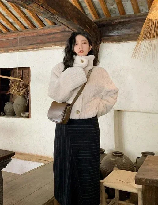 Vintage Cropped Stand Neck Loose Casual Jacket Japanese Streetwear Fashion Fluffy Coats Y2k Aesthetic Grunge Women Chaqueta Coat 250118