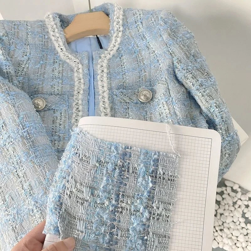 2023 Autumn Blazer Women Small Fragrant Woven Tweed Gentle Elegant Short Qulited Plaid Jacket Office Lady Cardigan Tops Coat 250113
