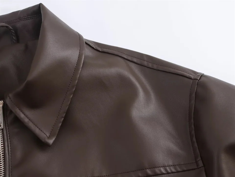 PB ZA Autumn/Winter Product Womens Mid to Long Length Leather Pilot Jacket Leather Coat 250122