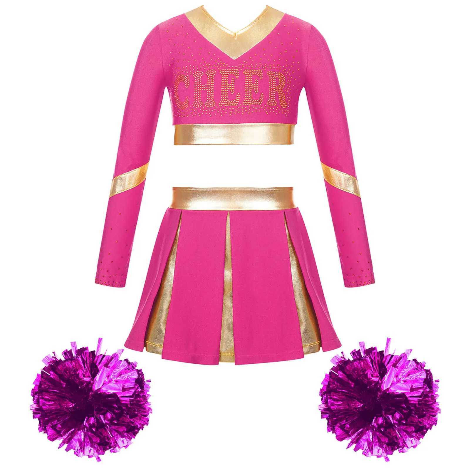 Kids Girls Cheer Dance Outfit Teens Cheerleading Uniforms with Hand Flowers Teen Dancewear Set for Children Performance ClothesW250121