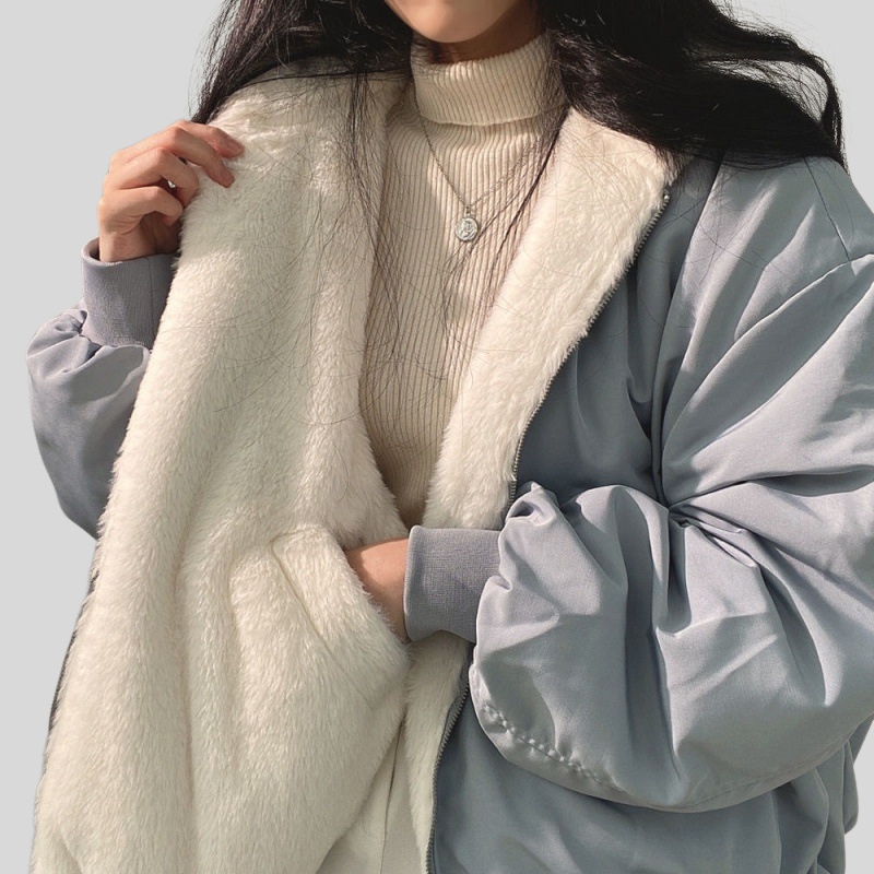 South Korea velvet thickened two sides wear lamb wool cotton clothes women's coat winter new loose hooded cotton coat top