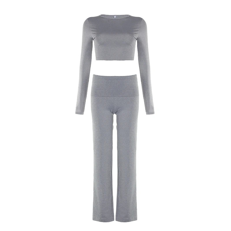 Rockmore Casual Minimalist Solid Womens Long Sleeve Crew Collar T-shirt Low Waist Pants Set Comfortable Breathable Two Piece Set 250118