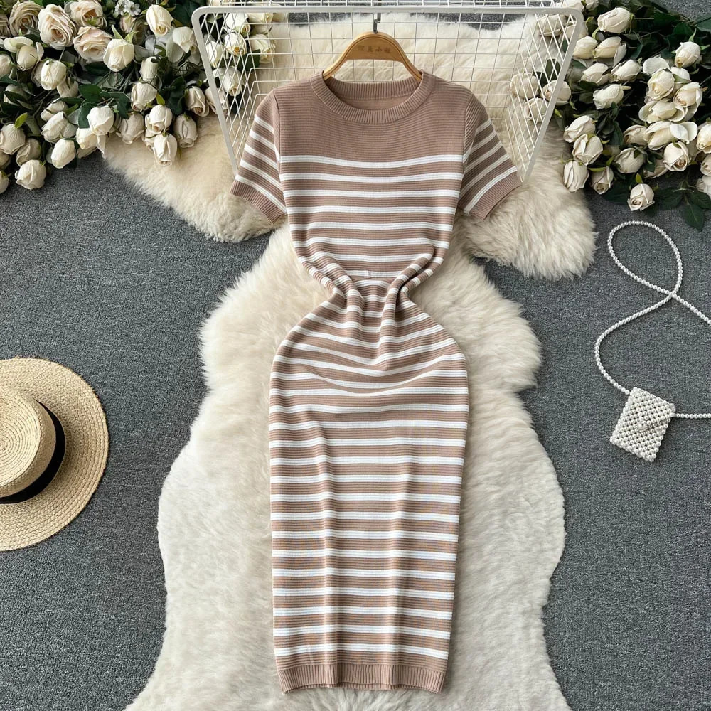 Summer Striped Beach Knitted Dress O Neck Short Sleeves Chic sweet Slim Sundress Streetwear Y2K Bodycon Midi 250121