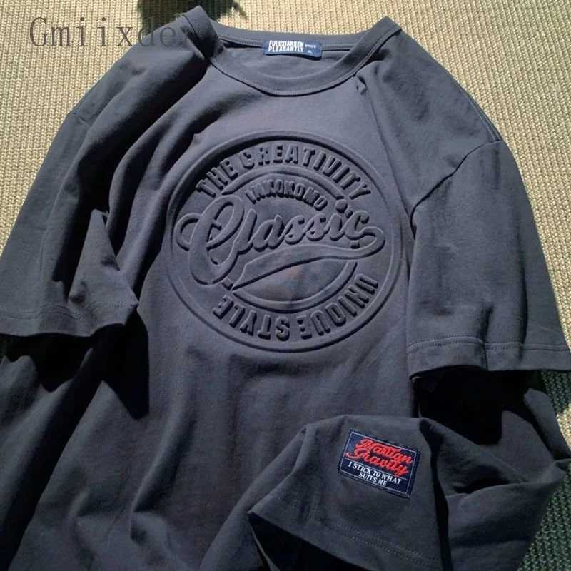 American Vintage Embossed Letter T-shirt Men Womens Summer Oversize Streetwear Unisex Cityboy Casual Short Sleeve O-Neck Top W250117