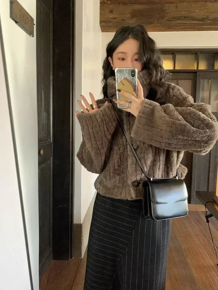 Vintage Cropped Stand Neck Loose Casual Jacket Japanese Streetwear Fashion Fluffy Coats Y2k Aesthetic Grunge Women Chaqueta Coat 250118