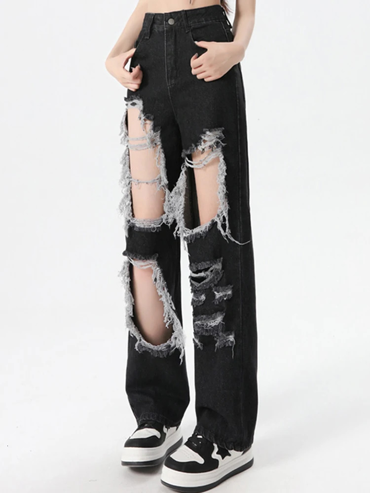 Women Korean High Waist Grunge Ripped Jeans Lady Street Gothic Denim Straight Leg Pants Girls Fashion Black Hole Trousers 250122