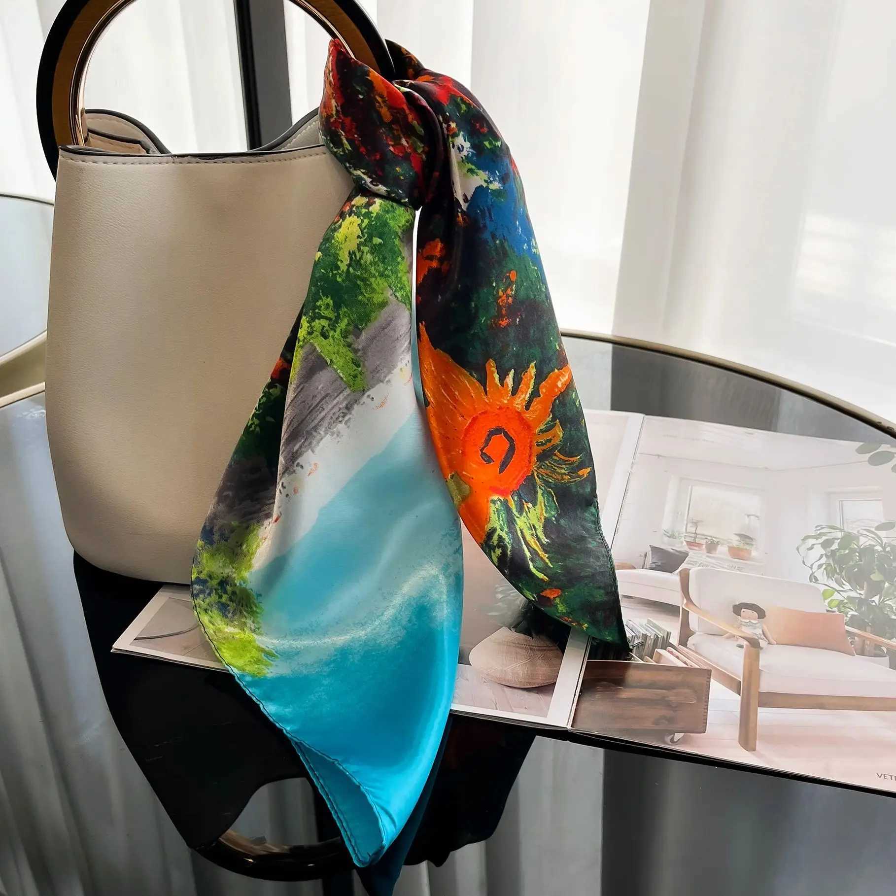 Luxury silk hair square scarf womens satin neck tie wrist fountain summer print Shl Wrs head Kerchie headscarf Bandana new W250118