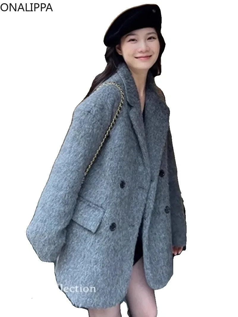 Onalippa Notched Collar Wool Coat Women Solid Double Breasted Jackets Korean Loose Midlength Winter Warm 250113