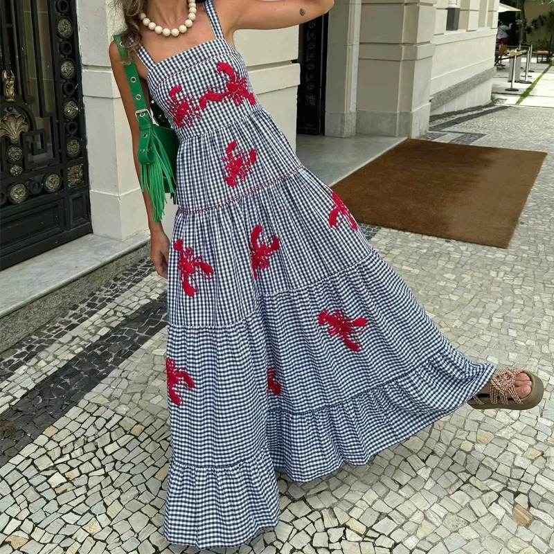 HXAO Women Ruffle Embroidery Slip Dress Sleeveless Plaid Dress Pleated Backless Beach Dress Holiday Woman Summer Dress 2024 250121