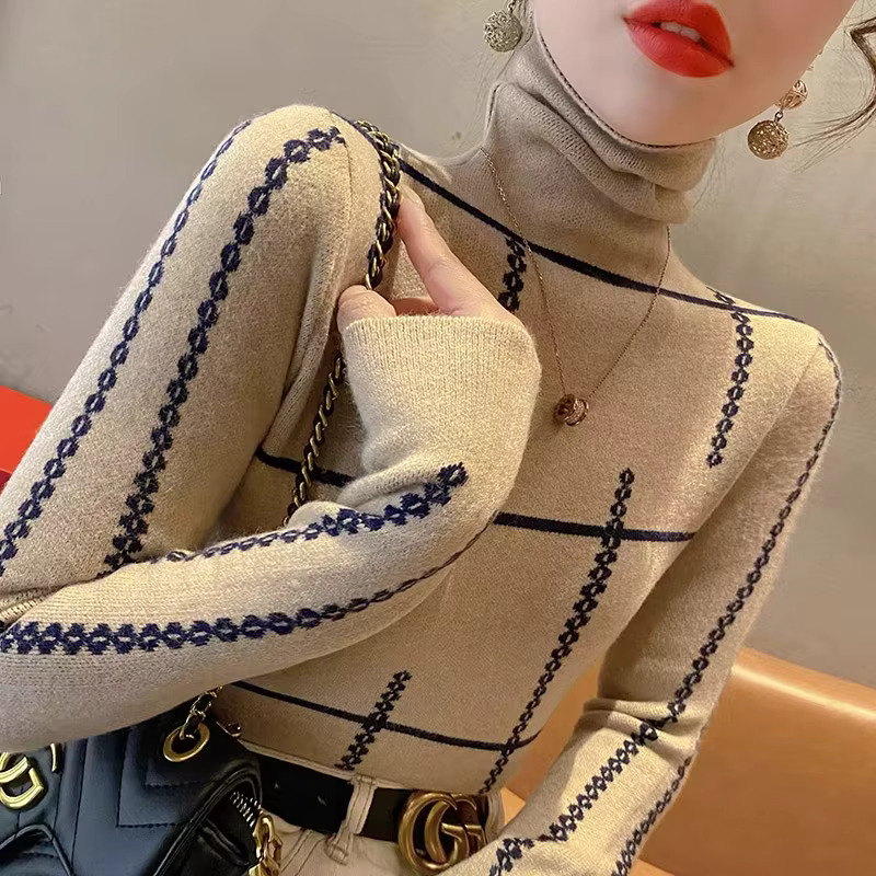 Office Lady Daily Fashion Jacquard Turtleneck Sweaters Autumn Winter Temperament Elegant Elastic Slim Knitted Pullovers