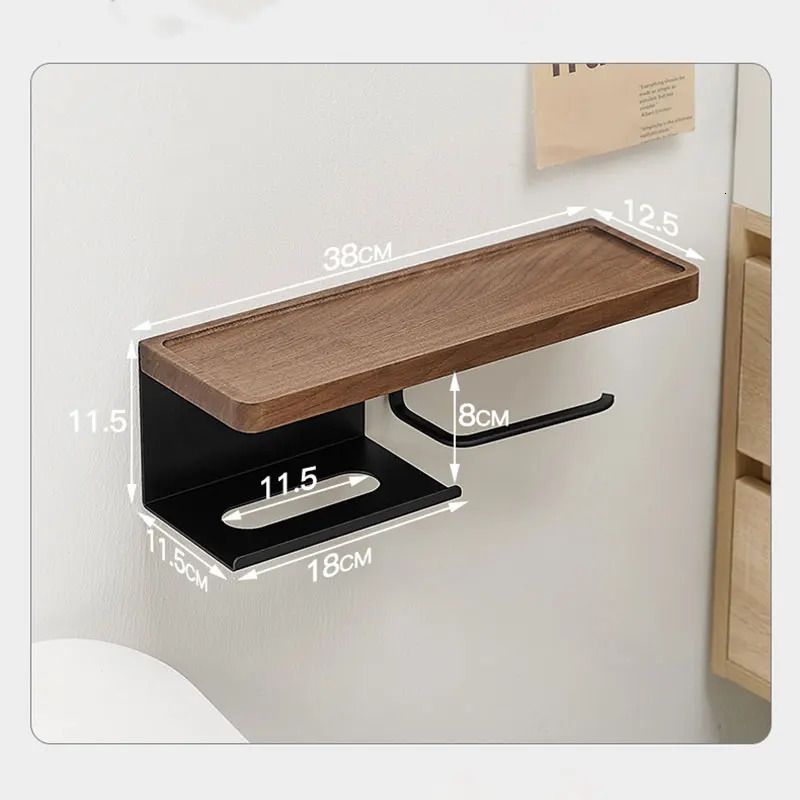Toilet Paper Holder with Black Walnut Shelf for BathroomWall Mounted Toilet Paper Tissue Holder Double Roll BlackPhone Rack Wc 250115