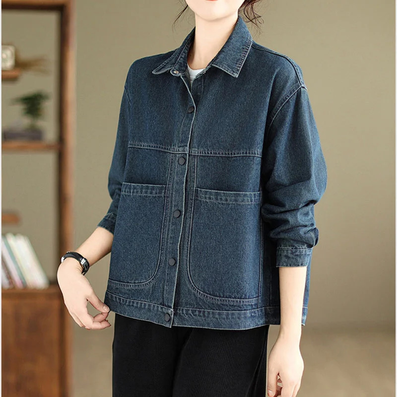 2024 Autumn Women Denim Jacket Retro Long Sleeve Jeans Female Loose Casual Coat Outwear Overwear 250113