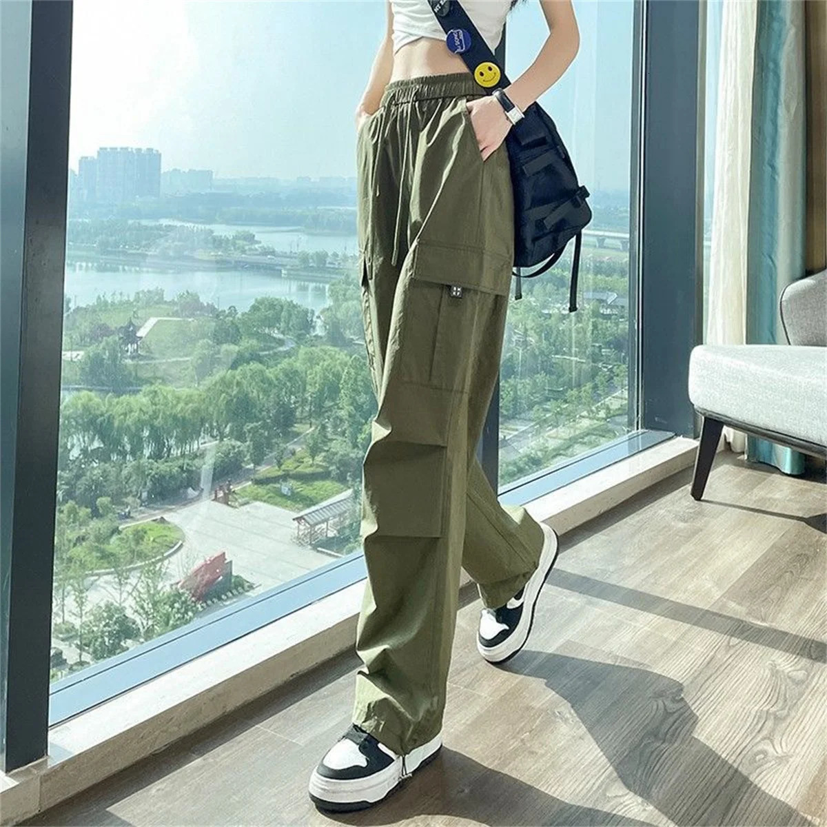Green Women Tech Pants Drawstring Black Low Waist Wide Leg Trousers Oversized Sweatpant Baggy Joggers Streetwear Cargo Pant 250117