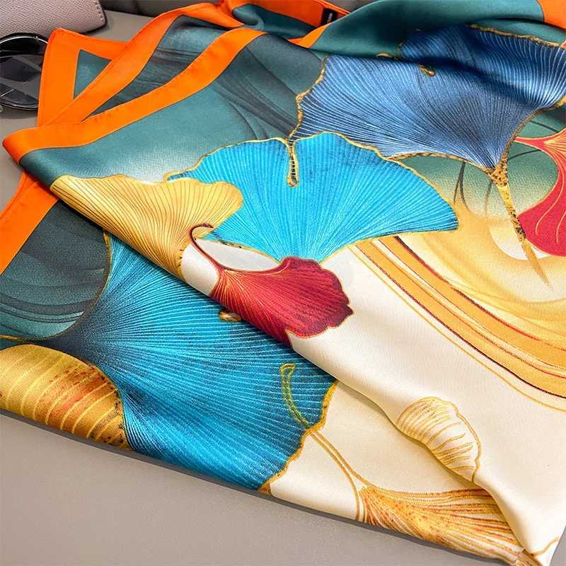 Spring/Summer Ginkgo Leaves Imitation Silk Neck Scarf Outdoor Decoration Wr for Women Breathable Print 70*70cm Square Scarf W250118