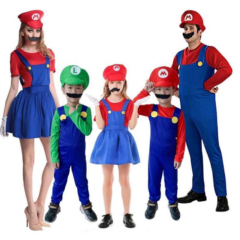 Super Luigi Cosplay Costume Adult Jumpsuit Beard Hat Men and Women Set kid Halloween Costume W250117