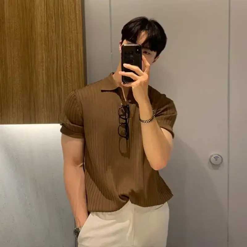 Trendy Casual Summer Polo Shirt For Men Solid Color Knitted Top Short Sleeves Base Layer Top Korean Style W250117