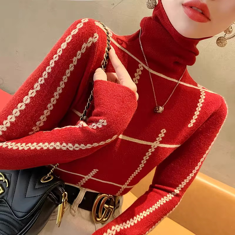 Office Lady Daily Fashion Jacquard Turtleneck Sweaters Autumn Winter Temperament Elegant Elastic Slim Knitted Pullovers