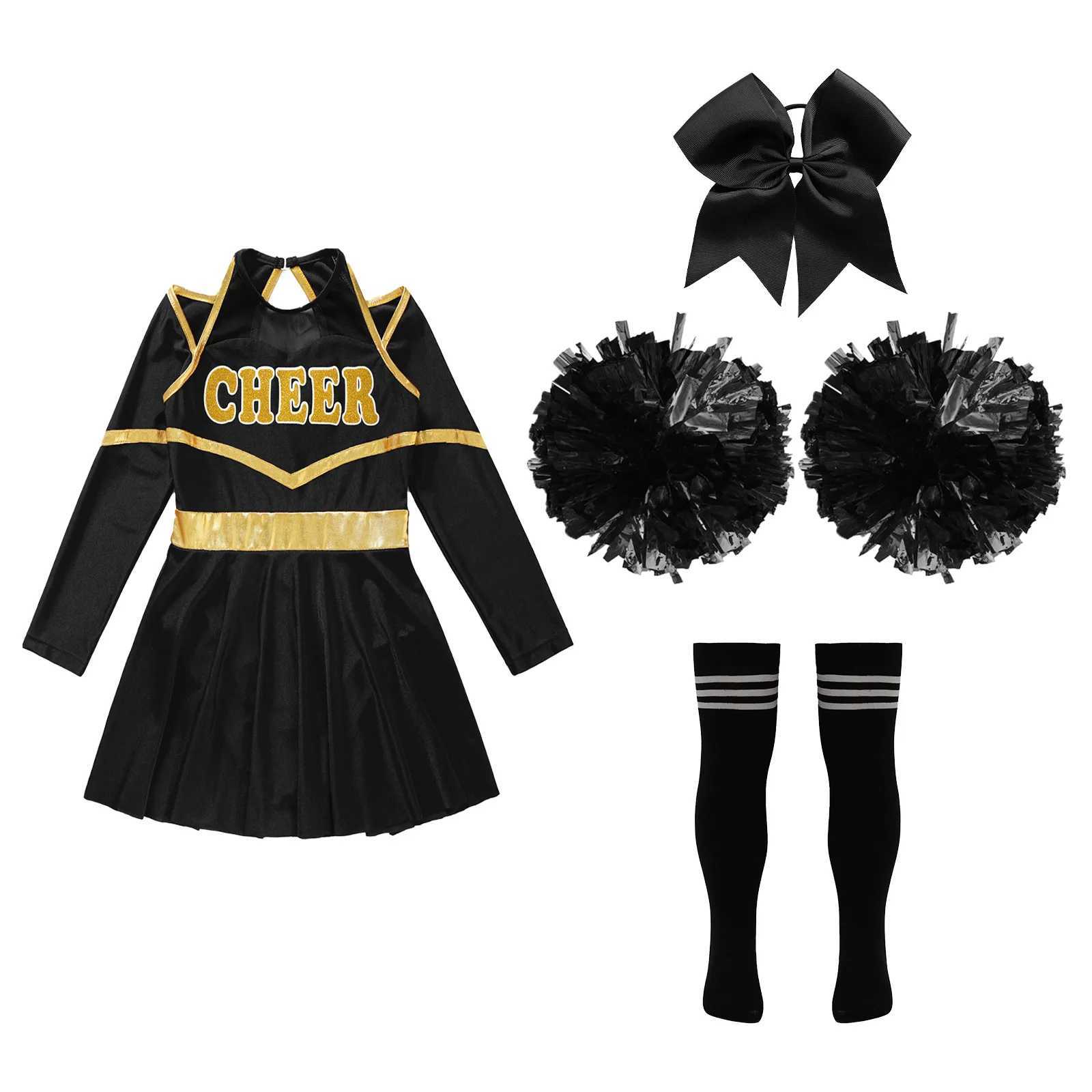 Kids Girls Cheerleader Costume Halloween Cheerleading Dress with Pom Poms Bow Hair Clip Socks Birthday Party Gifts W250117