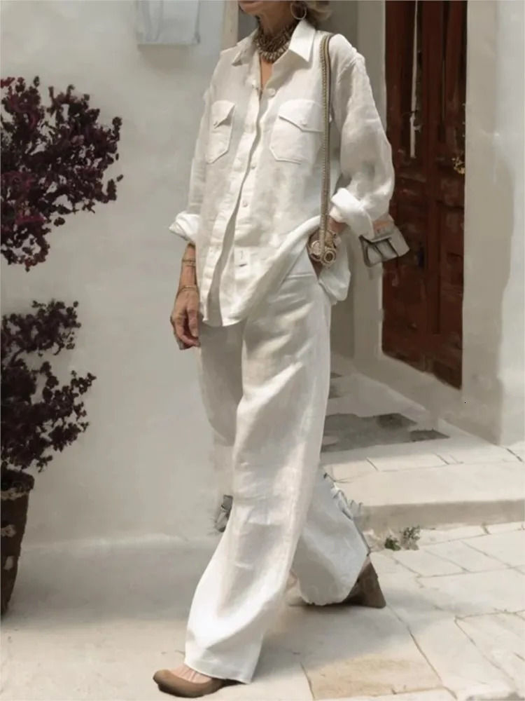 Women Linen And Cotton Two-piece Set Loose Collared Pants Pocket Shirt Wide Legs Spring And Autumn 250120