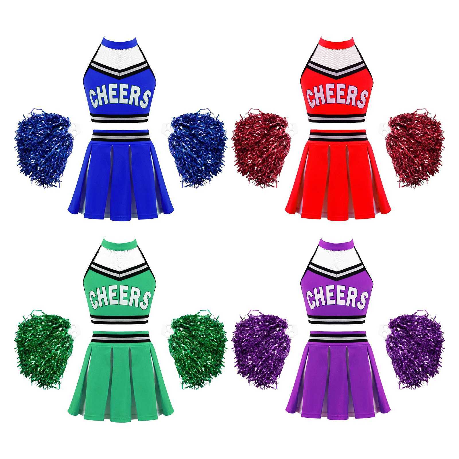 Childrens girls cheerleading costume dance costume cutting top+pleated skiing flower ball cheerleading uniform setW250121