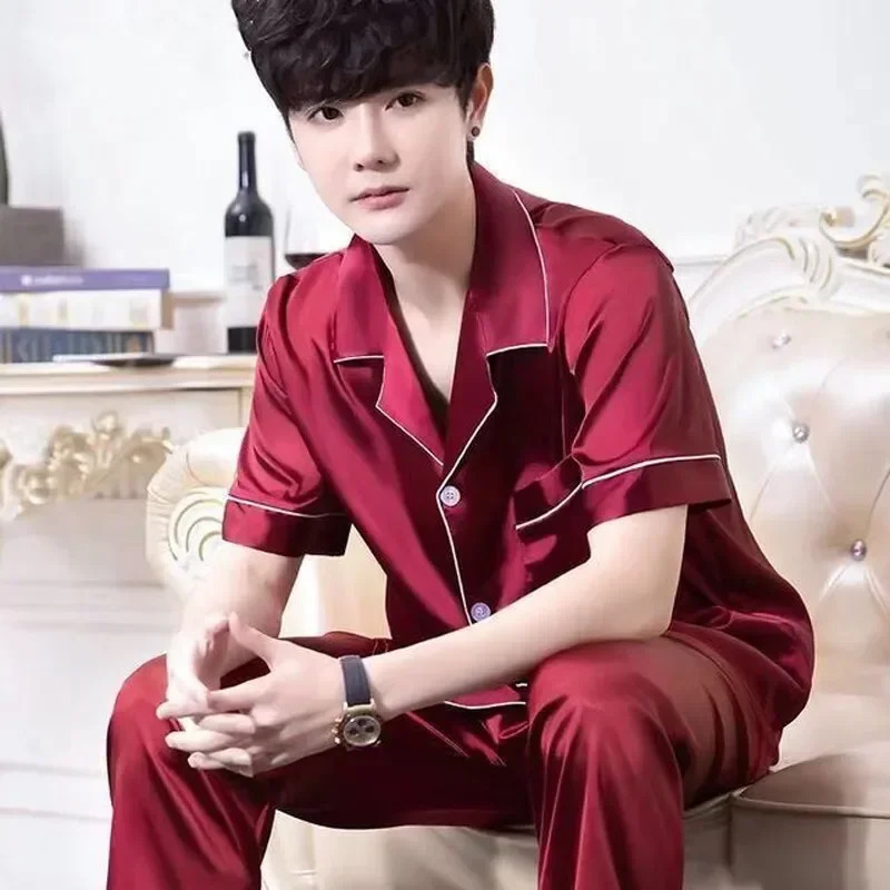 Short Men Silk Summer Satin Pyjama Wear For Pajamas Lounge Pijama Color Home Night Pants Pajama Set Sleeve Male Suit Mens Solid 250122