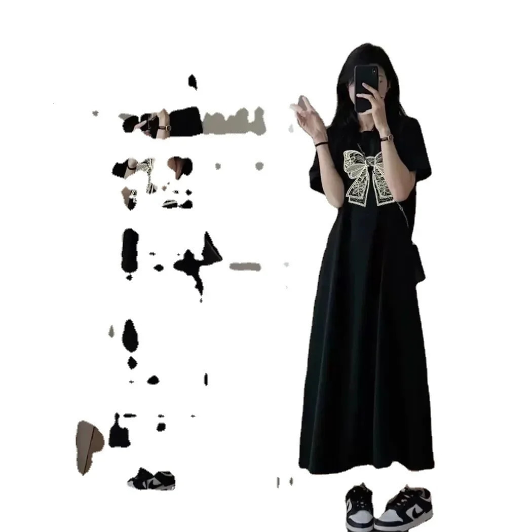 Womens summer thin cotton milk silk dress with lazy print bow medium length loose fit suitable for weight loss dress black 250110