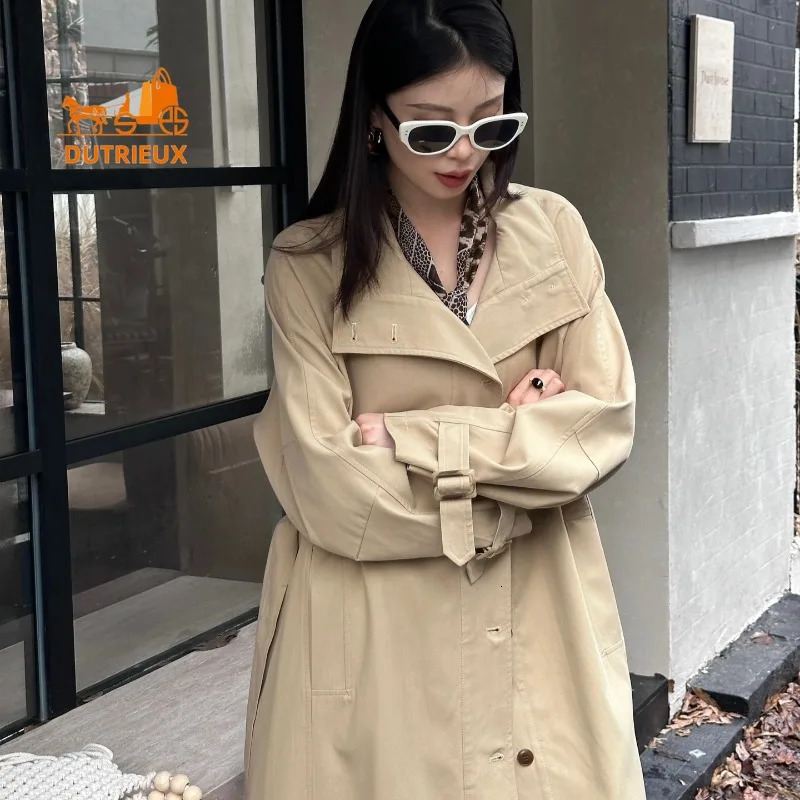 Womens winter windbreaker simple high-end long large silhouette vertical collar windbreaker waist belt jacket jacket 250118