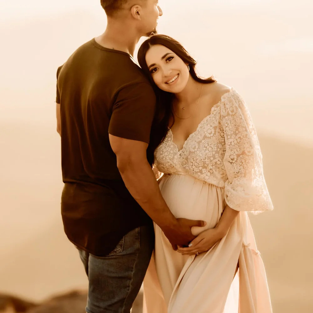 Maternity Dresses For Baby Showers Beige Lace Half Sleeved V-neck Short Top Two-Piece Boho Style Dress Po Shoot Pregnant 250116