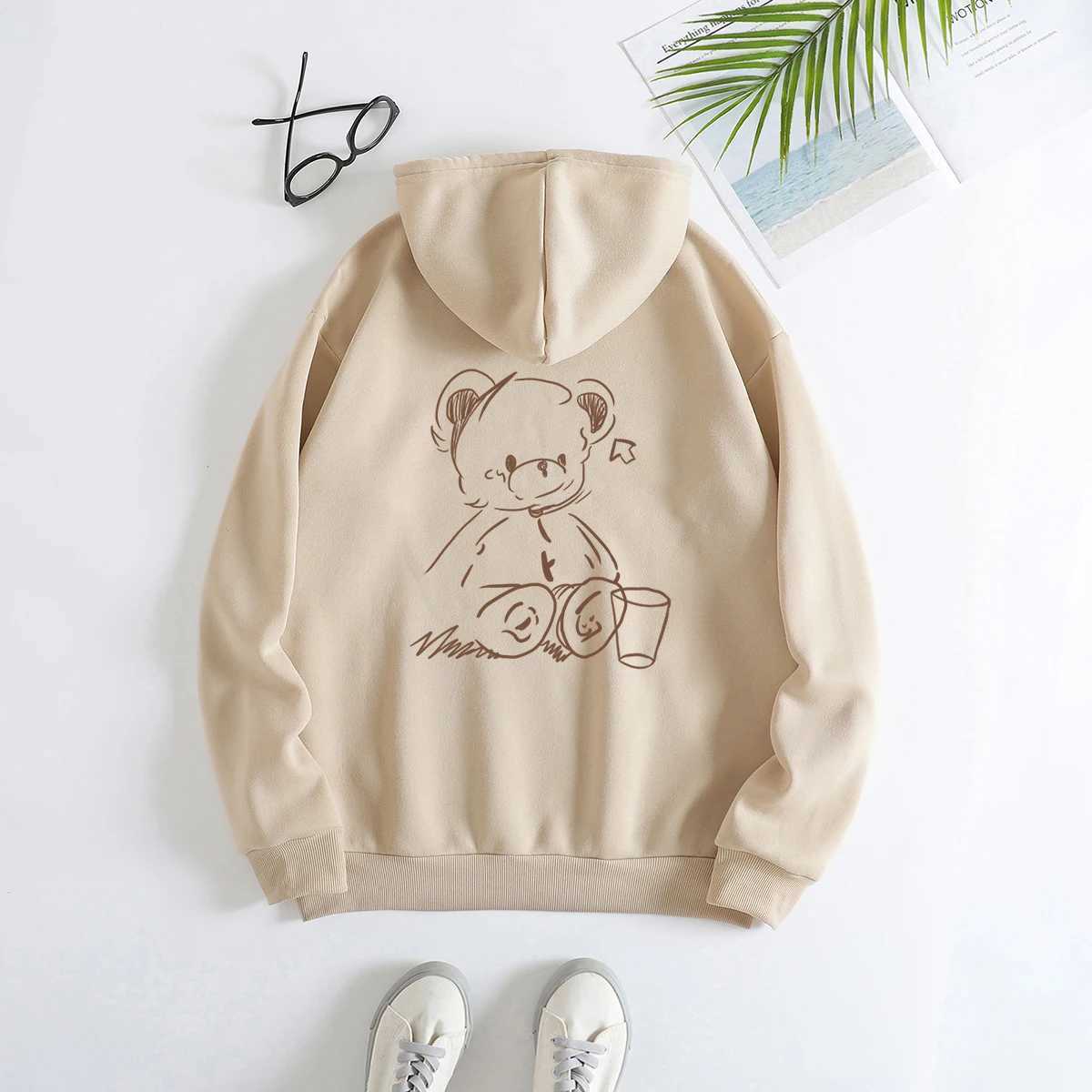 Woman y2k hoodie Cute line bear print pattern women clothing graphic harajuku hoodie 2024 winter Long sleeve sweatshirt for girl W250117