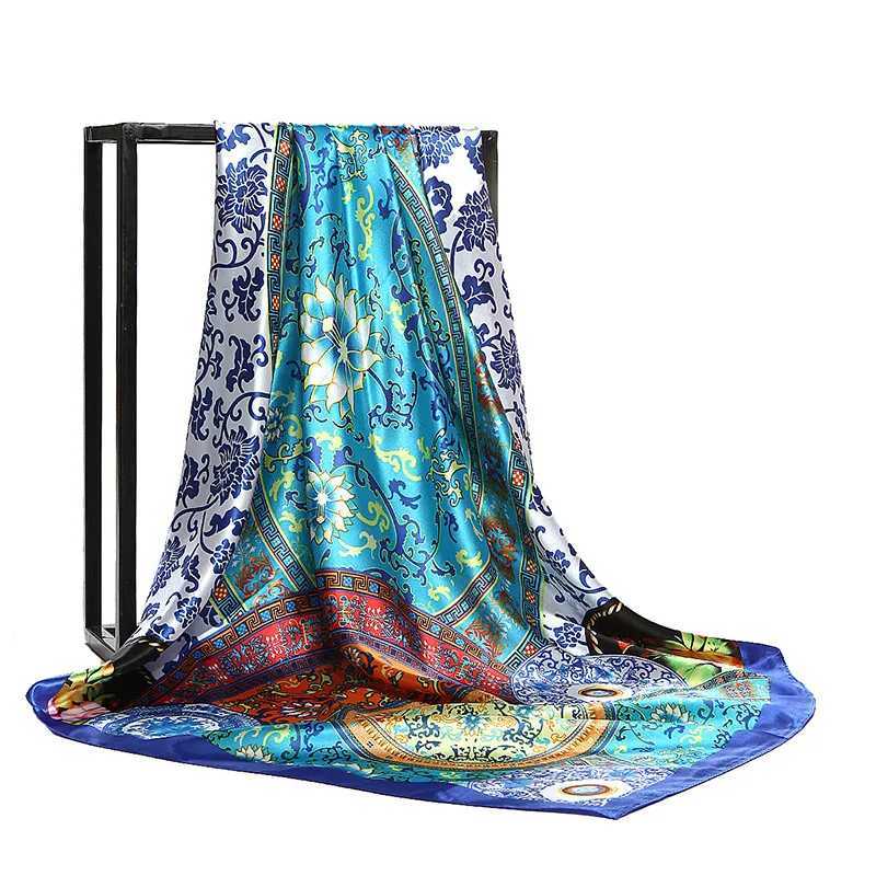 Floral Print Head Scarf For Women Silk Satin Hijab Scarfs Orange Red 90*90cm Square Neckerchief Headband Scarves For Ladies W250118