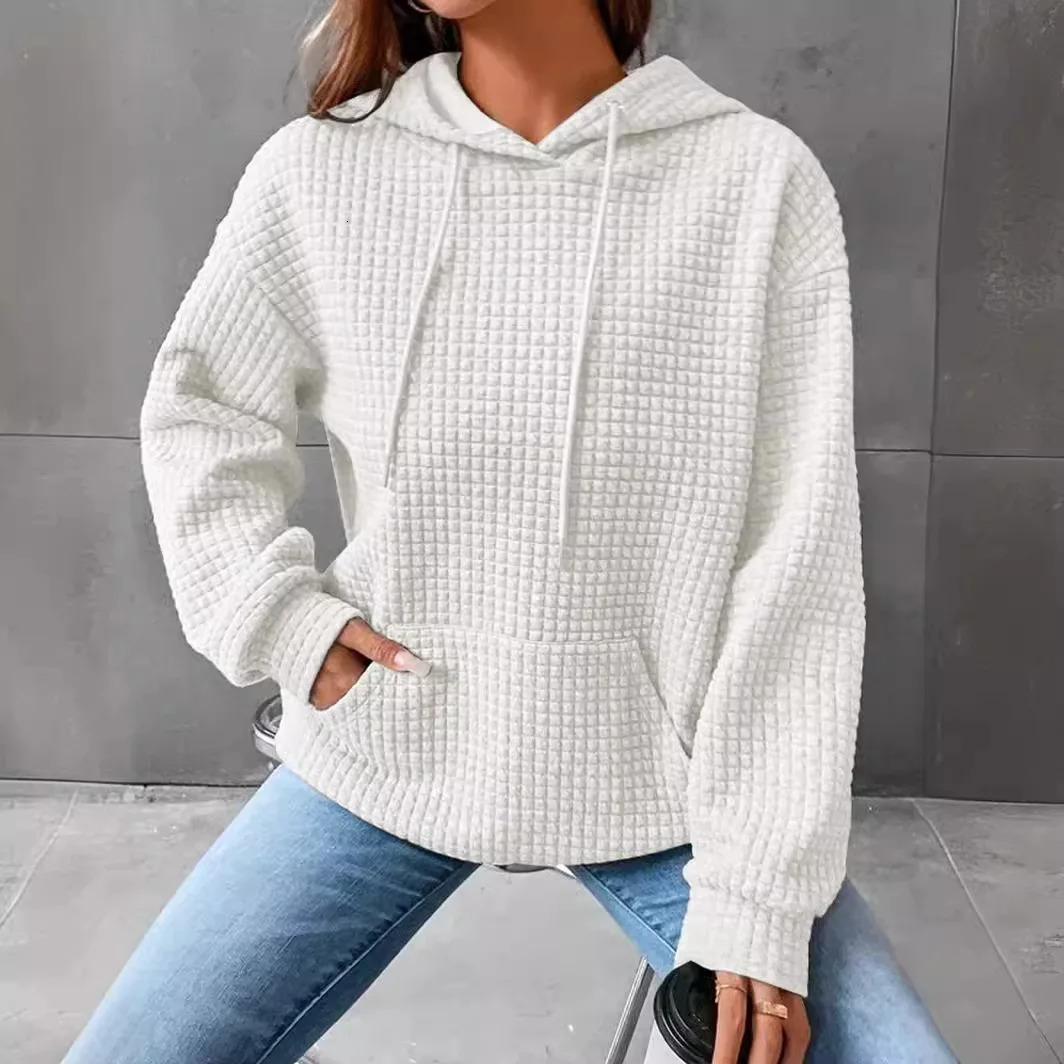 Womens hooded sweatshirt spring and autumn style waffle fashion beautiful solid color drawstring loose 250122