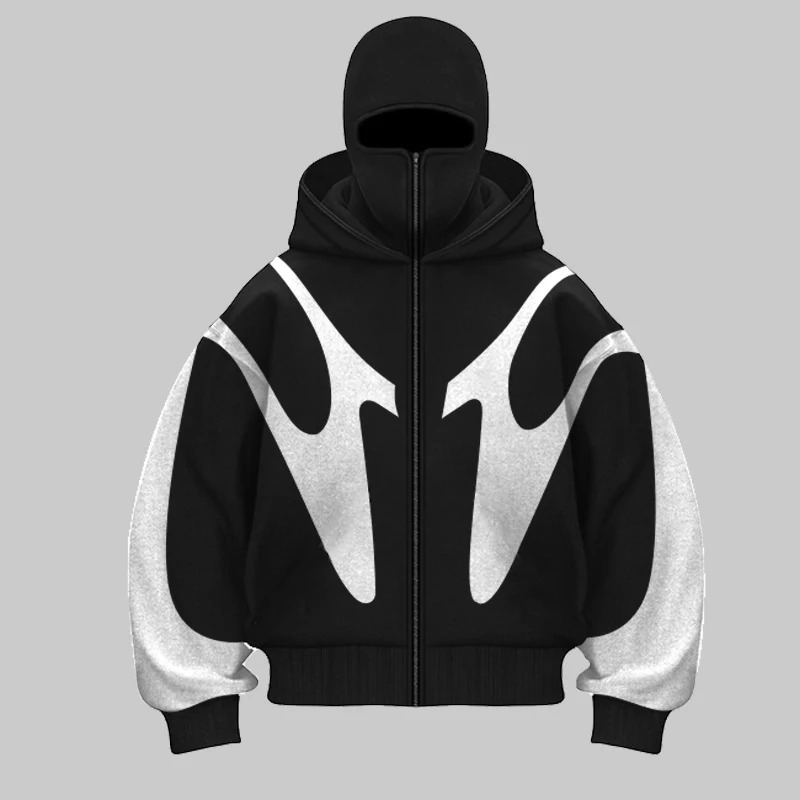 Retro Printed Devil Pattern Double Hat Style Hoodie Y2K Harajuku Casual Couple Zipper Hoodie Sportswear Fashion Street Clothing 250109