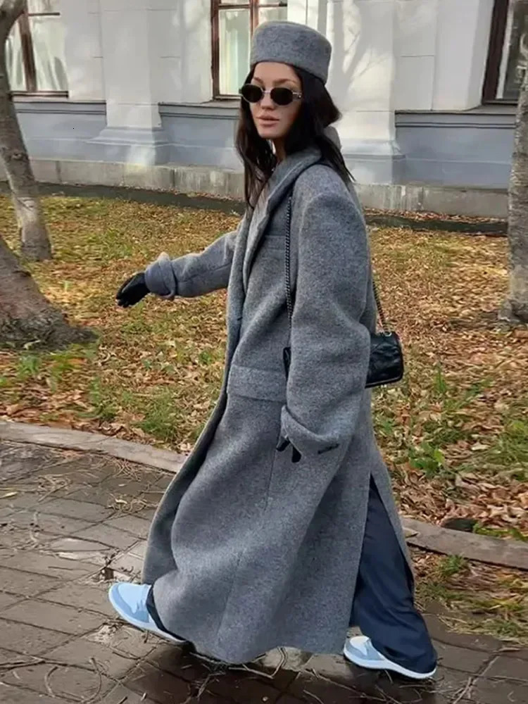 ZBZA Women Elegant Double-breasted Coat Suit Collar Long Sleeve Solid Retro Hem Slit Faux Woolen Overcoat Fall Winter Chic Coat 250118