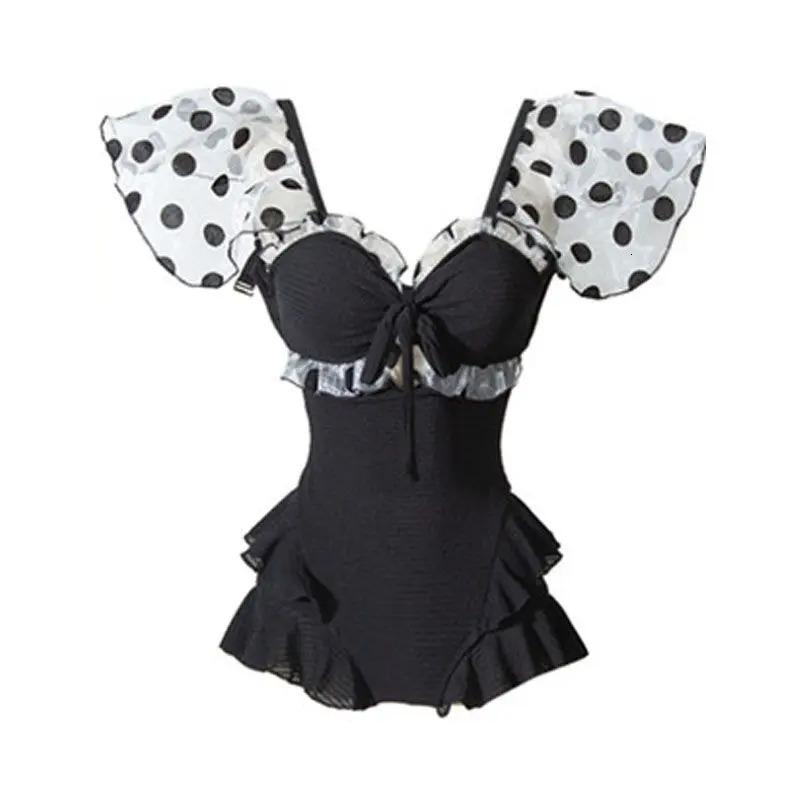 2023 Summer Fashion Dot Square Neck Hollow Out Pure Desire Style Gathering High Waist Covering Belly Skirt Swimwear 250120