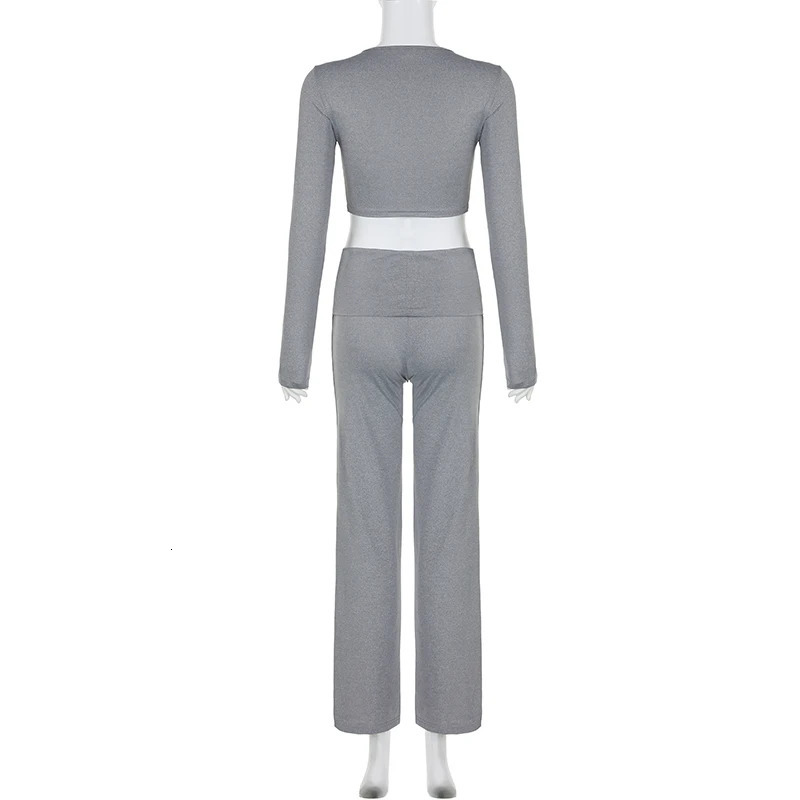 Rockmore Casual Minimalist Solid Womens Long Sleeve Crew Collar T-shirt Low Waist Pants Set Comfortable Breathable Two Piece Set 250118