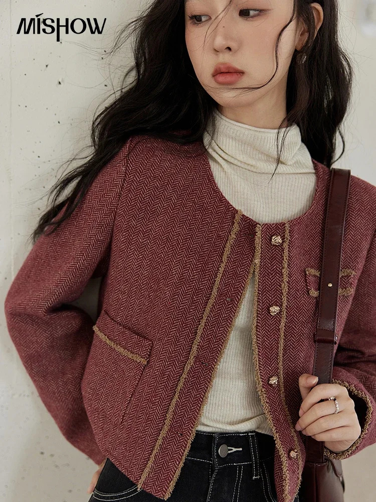 MISHOW Plaid Tweed Short Jacket Women French ONeck Long Sleeve Autumn Winter Temperament Contrast Color Top MXD34W0482 250122
