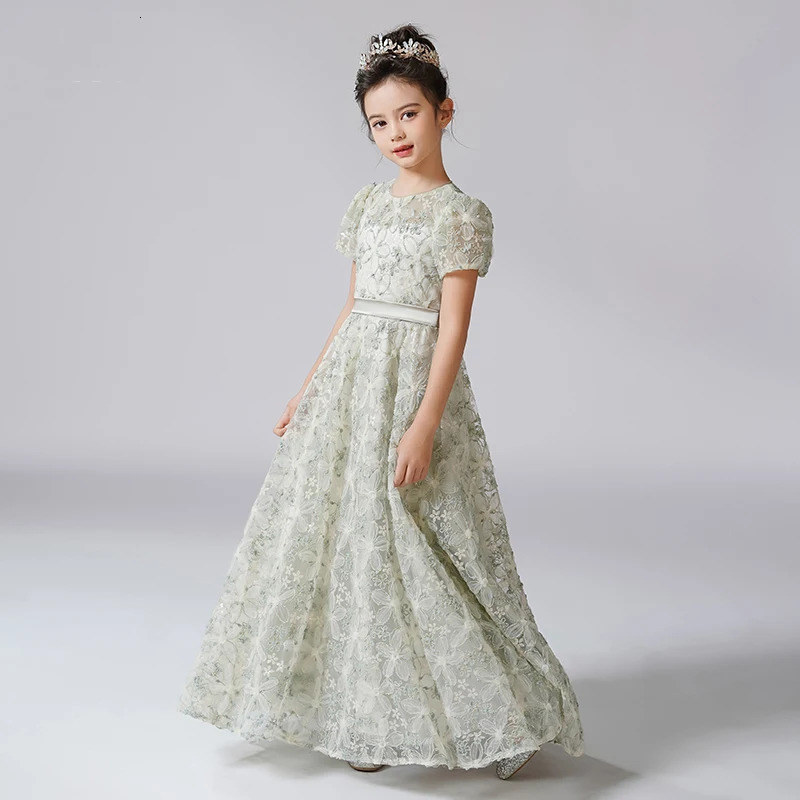 Dideyttawl Customized Dress For Girl Rhinestone Flower Lace Dresses Puff Sleeves Kids Birthday Formal Princess Gowns 250117